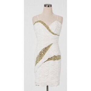 Terani Couture Size 10 Ivory Ruched Cocktail Dress Gold Rhinestones